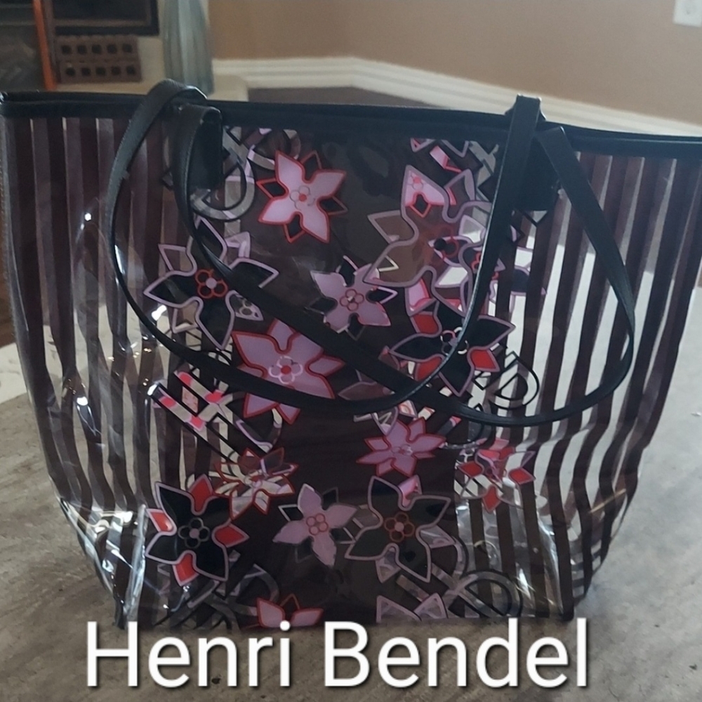 Henri Bendel Large Clear, Stripes, Floral Tote Shoulder Bag Purse